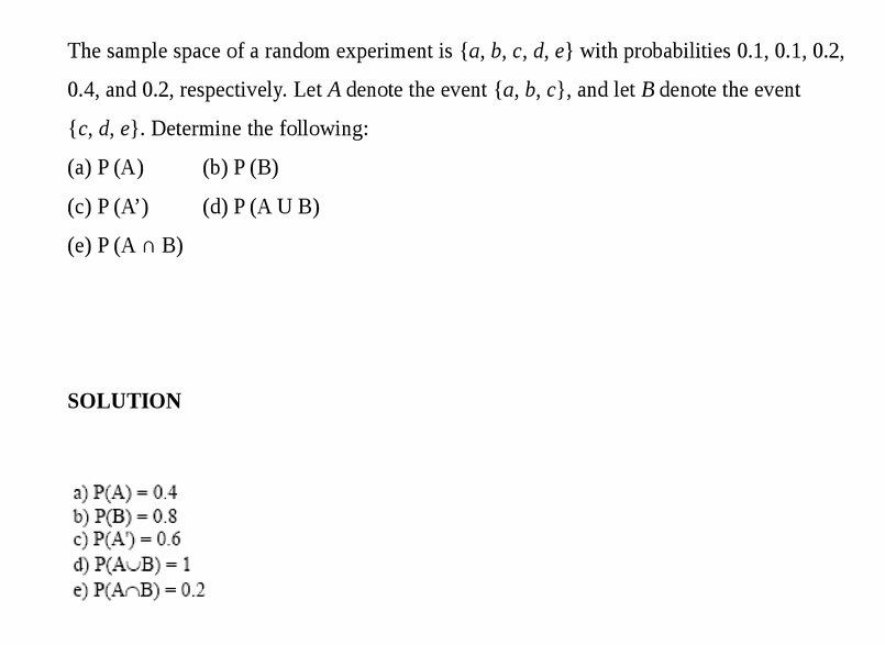 The sample space of a random experiment is {a, b, c, d, e} with probabilities 0.