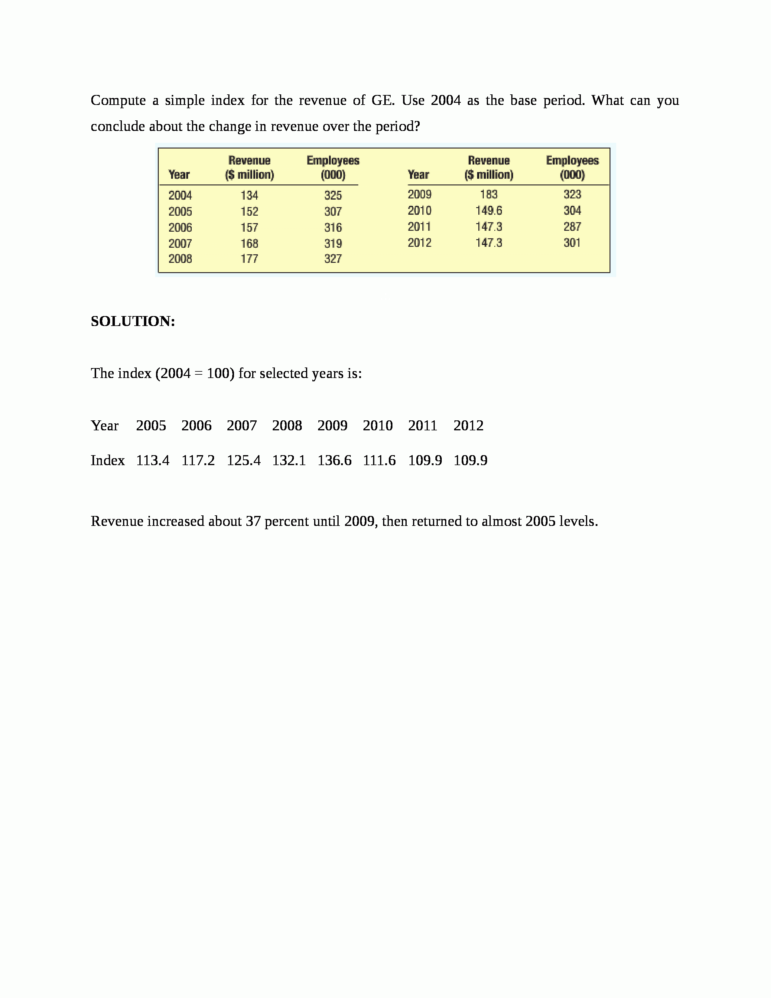 Compute a simple index for the revenue of GE. Use 2004 as the base period. What 