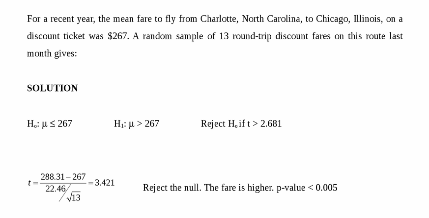 For a recent year, the mean fare to fly from Charlotte, North Carolina, to Chica