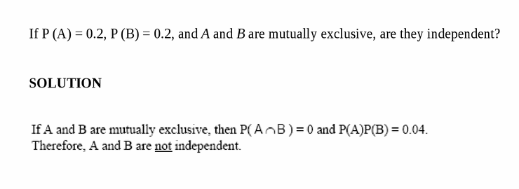 If P (A) = 0.2, P (B) = 0.2, and A and B are mutually exclusive, are they indepe