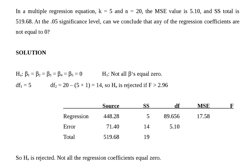 In a multiple regression equation, k = 5 and n = 20, the MSE value is 5.10, and 